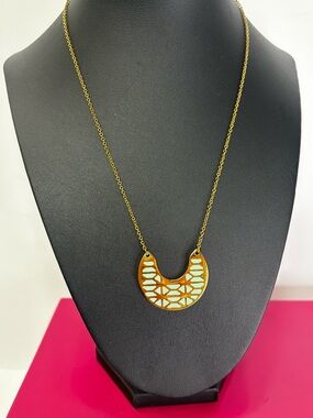 Stella & Dot Gold Crescent Pendant Necklace with Light Blue Mosaic